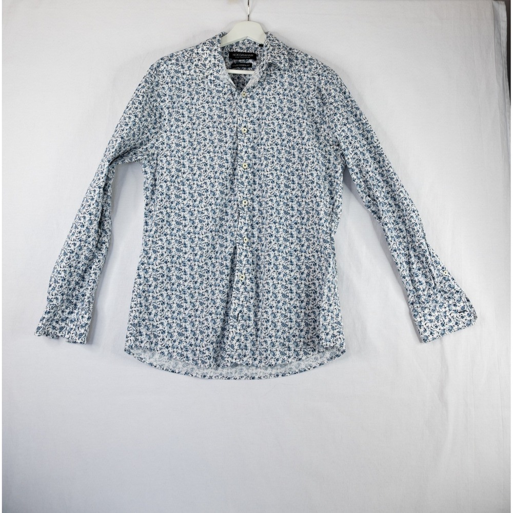 Nick Graham Button‎ Down Shirt Mens 15.5 34-35 Blue Floral Stretch Modern Fit